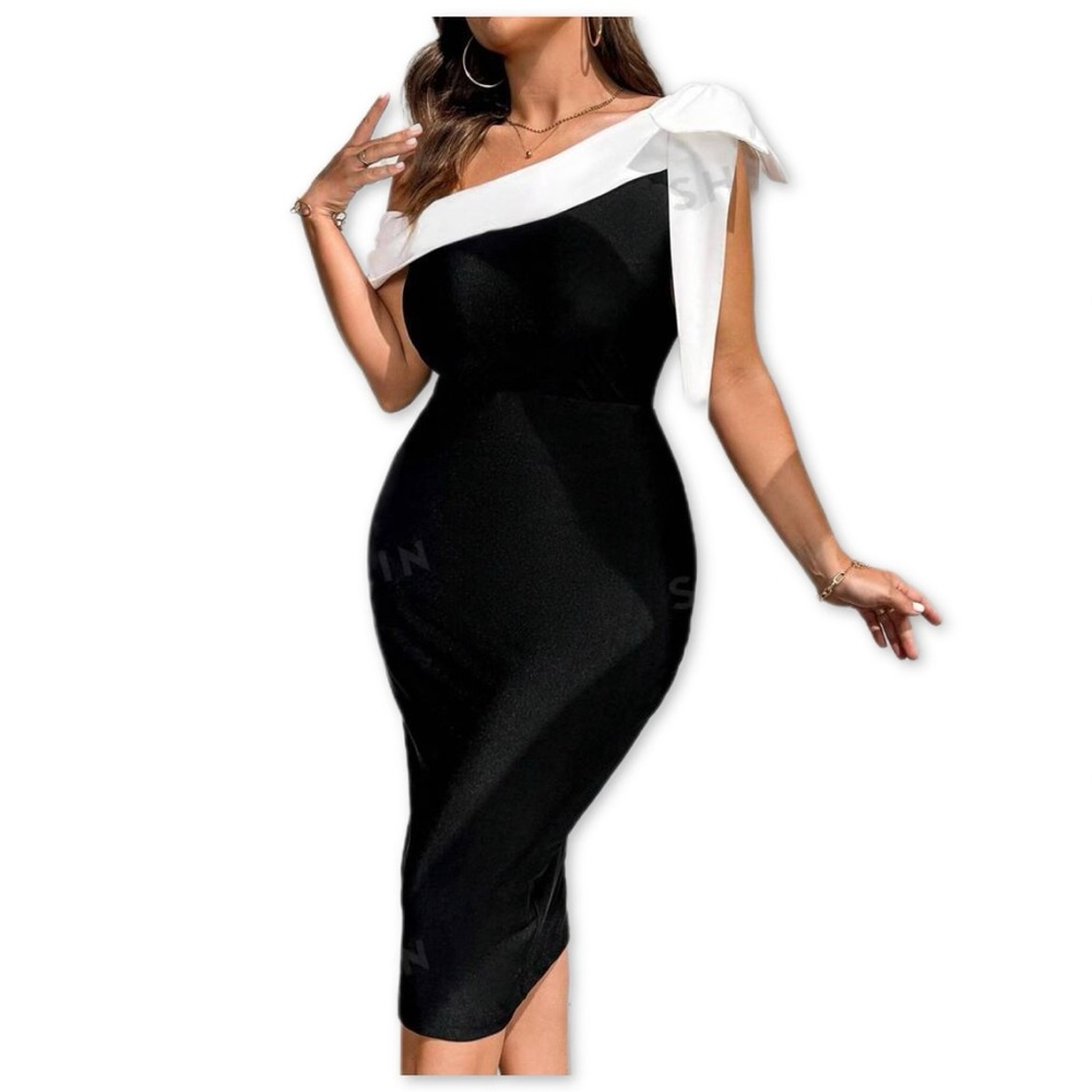 Black & White Asymmetrical Off Shoulder Dress
